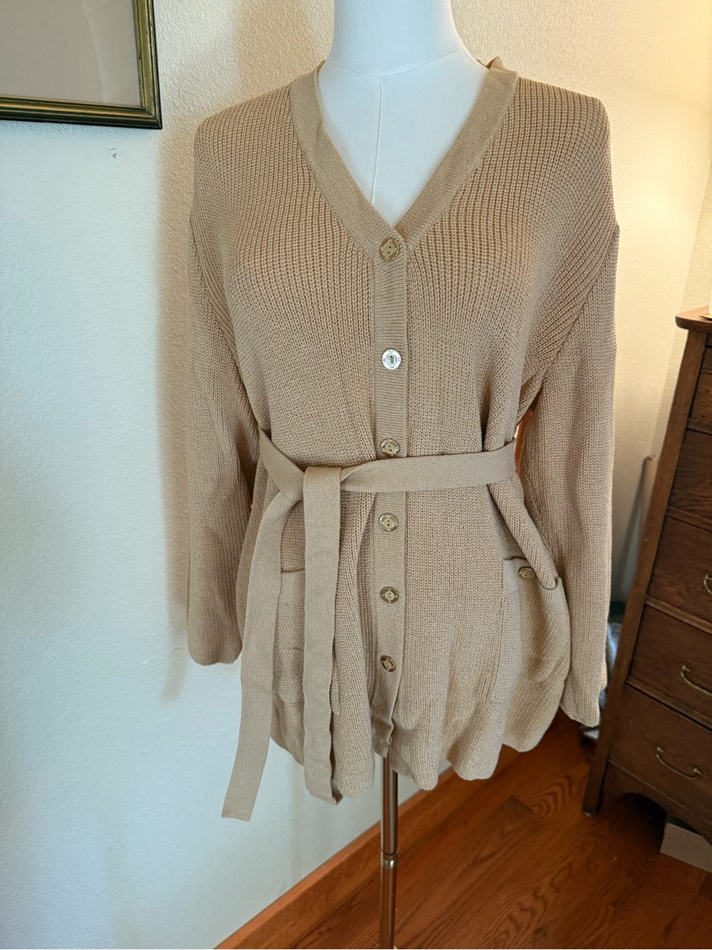 St. John Taupe Beige Belted V-Neck Button Cardigan